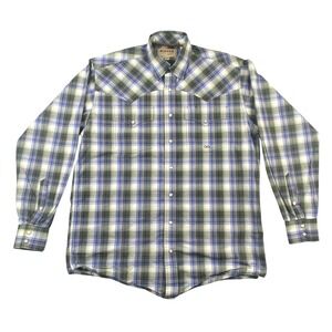 Miller Ranch Cinch Mens Medium Blue Plaid Western Pearl Snap Shirt Rodeo‎ Cowboy